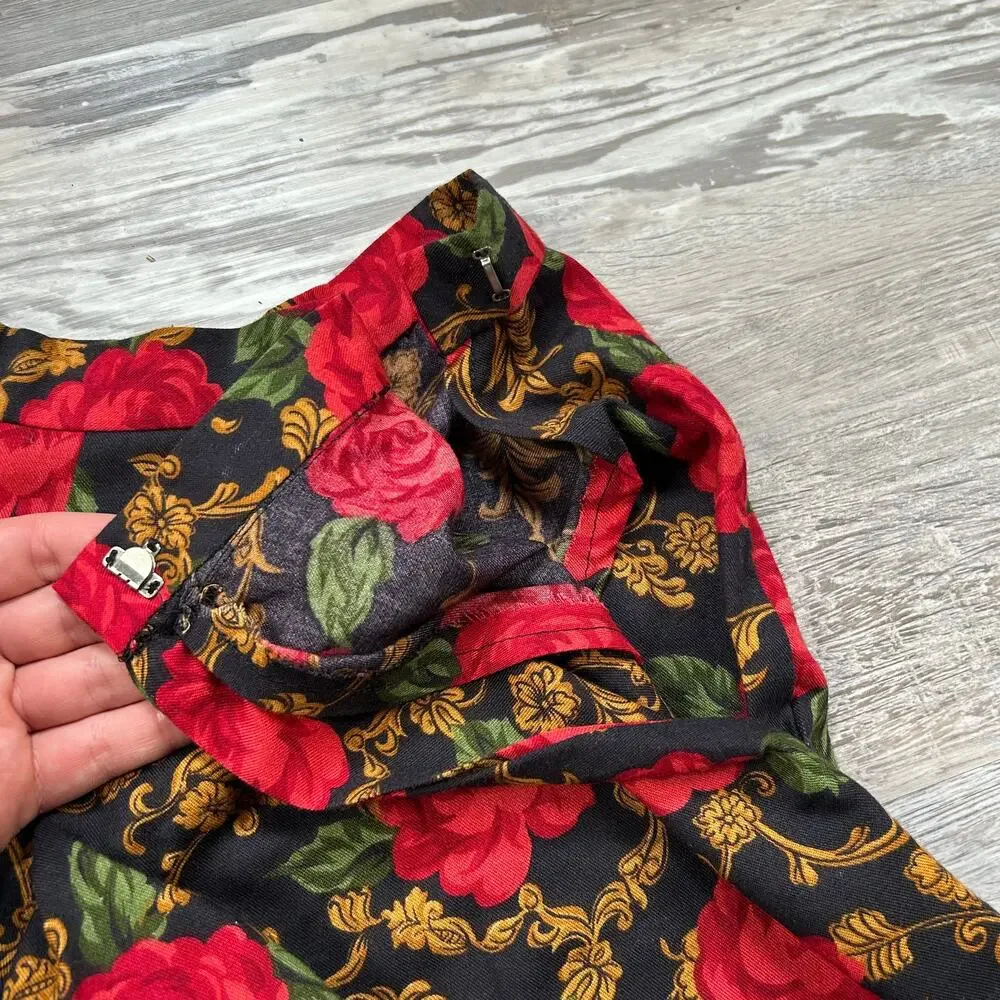 Vintage High-Waisted Black & Red Rose Print Skirt 2X